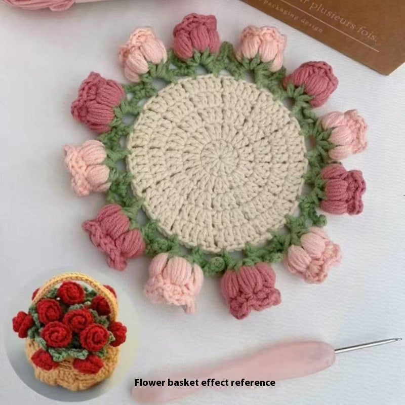 Crochet Rose Coaster & Flower Basket Kit — DIY or Ready-Made