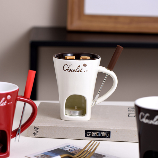 The Little Cottage Chocolate Set — Personal Ceramic Fondue Mug with Warmer & Fork