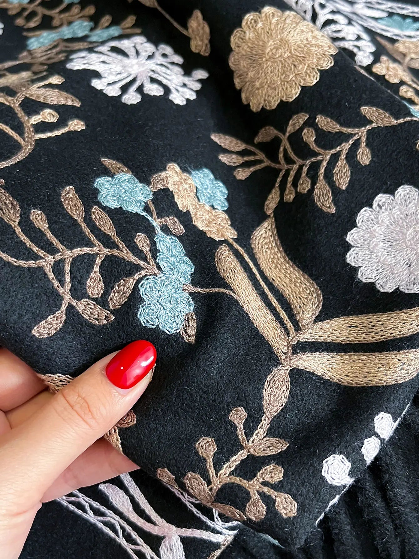 Meadow Bloom Embroidered Cashmere Scarf — Warm Pashmina Wrap for Women