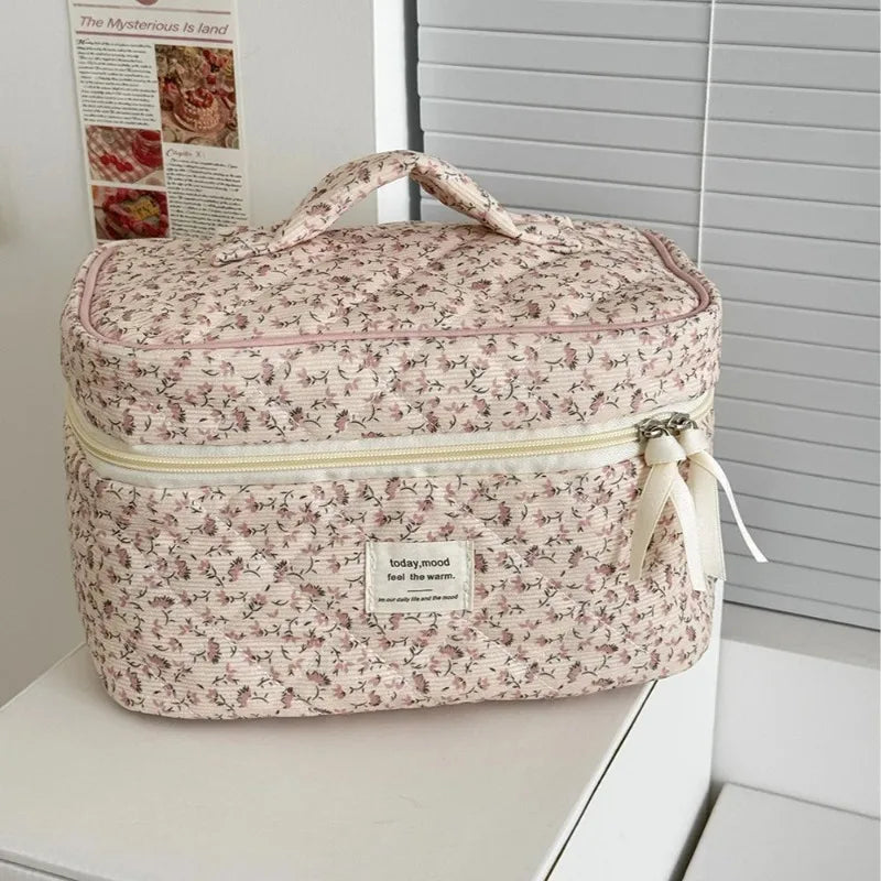 The Gatherer Pouch — Vintage Floral Cotton Cosmetic Bag in Pink & Yellow