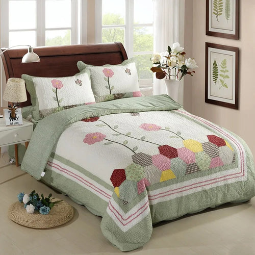Vintage Inspired Garden Quilt Set — Washed Cotton Bedding in Queen Size (3pcs or 4pcs)