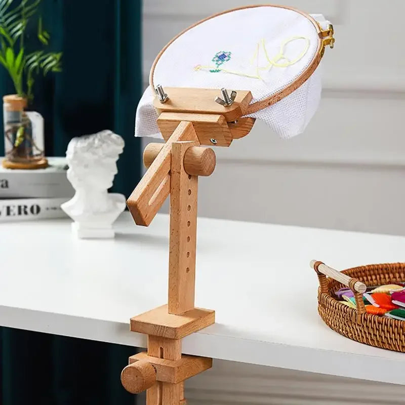 Beech Wood Desktop Embroidery Hoop Stand — 360° Adjustable Tabletop Frame