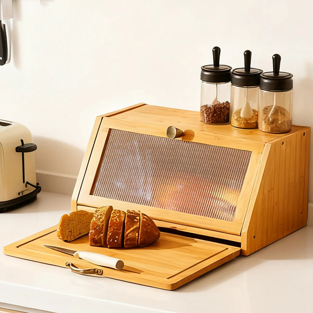 Bamboo Bread Box & Cutting Board Combo — Large Capacity Kitchen Corner Organizer