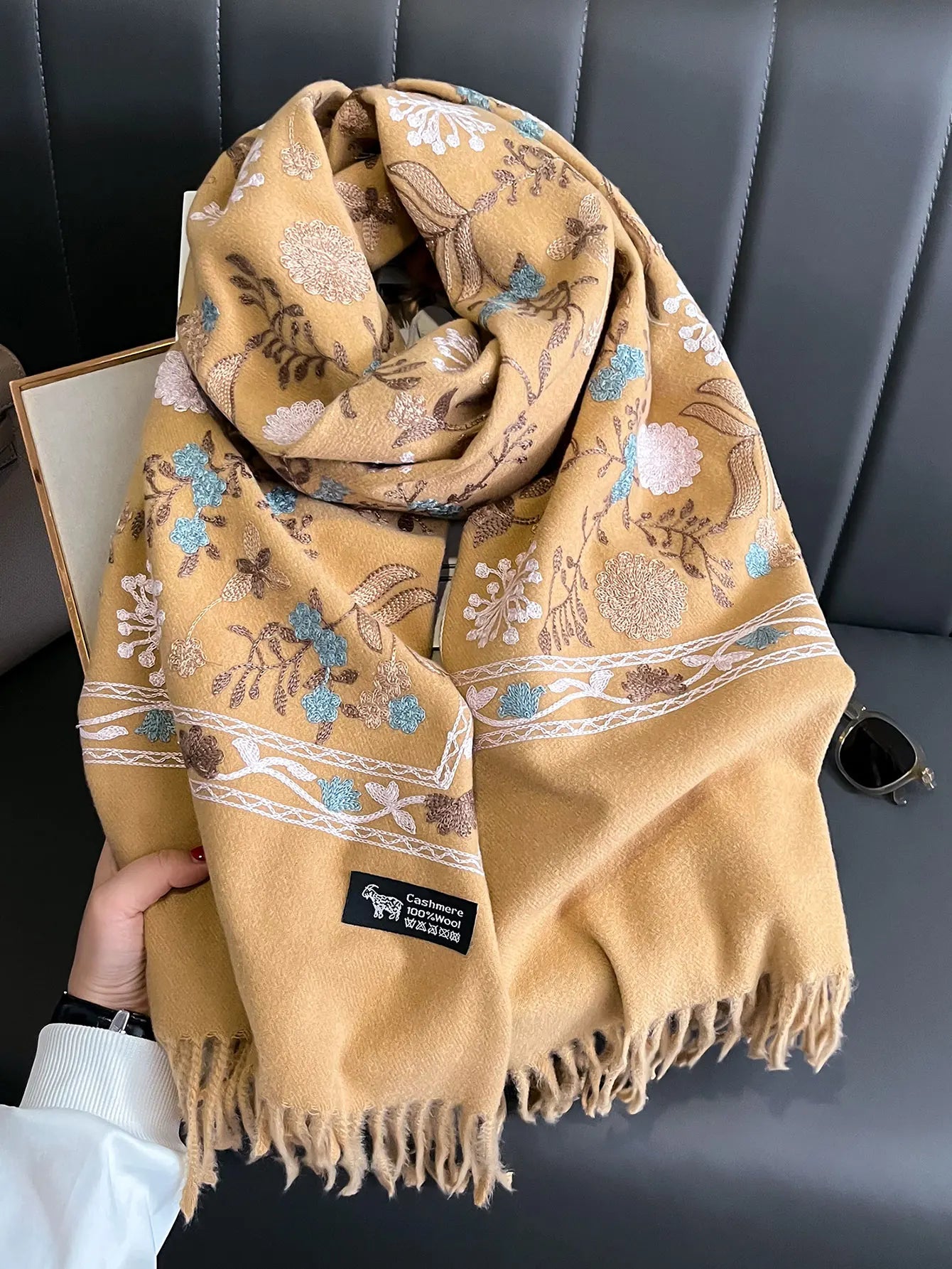 Meadow Bloom Embroidered Cashmere Scarf — Warm Pashmina Wrap for Women