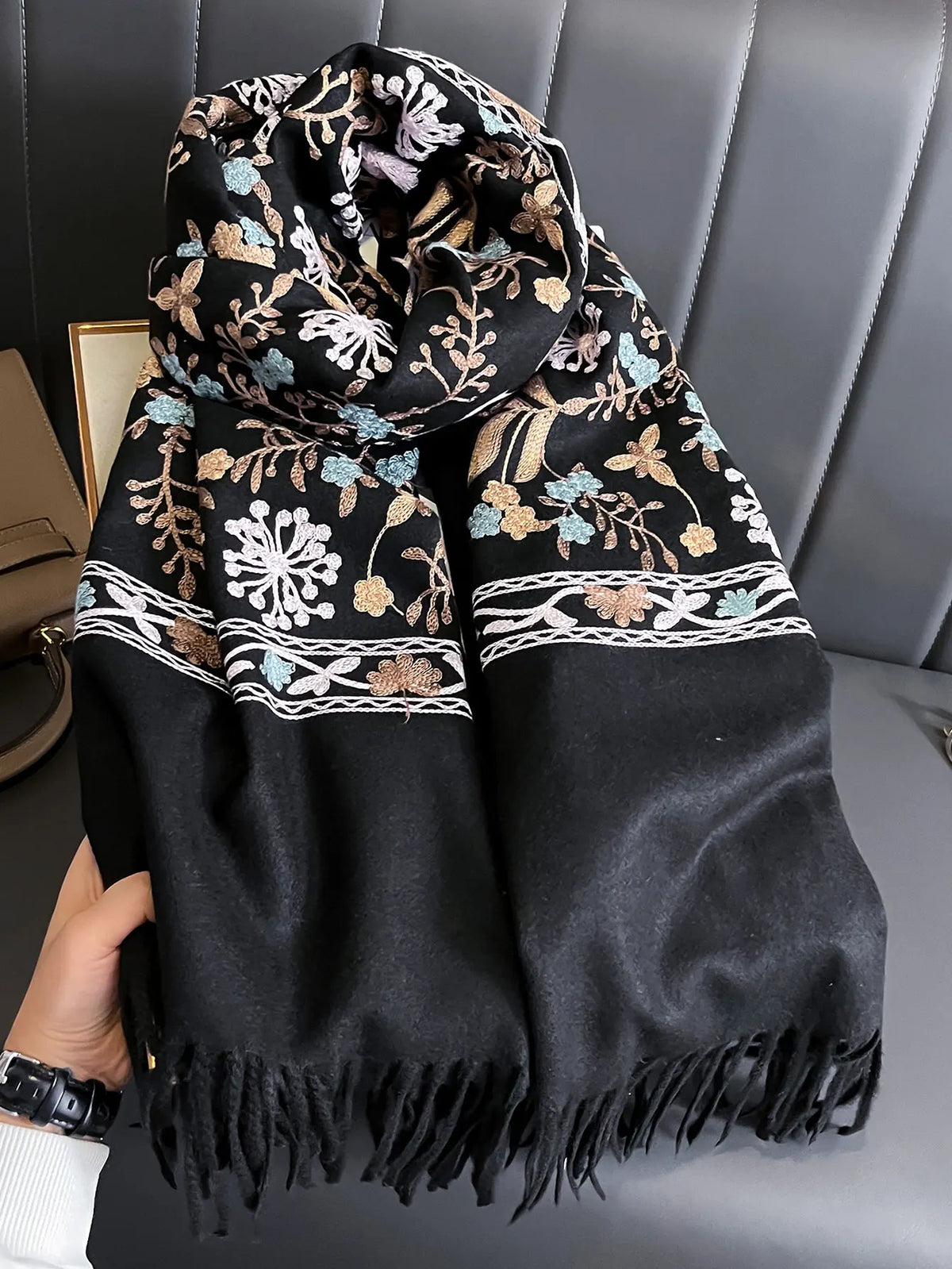 Meadow Bloom Embroidered Cashmere Scarf — Warm Pashmina Wrap for Women