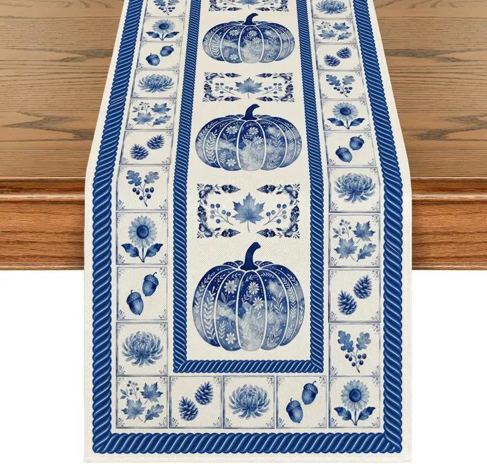 Blue & White Pumpkin Table Runner — Vintage Chinoiserie Style in 3 Sizes