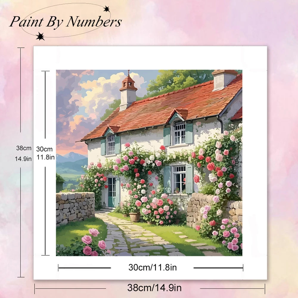 English Cottage House Paint by Number Kit — Landscape DIY Painting with or without Frame