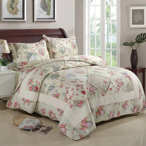 Vintage Inspired Garden Quilt Set — Washed Cotton Bedding in Queen Size (3pcs or 4pcs)