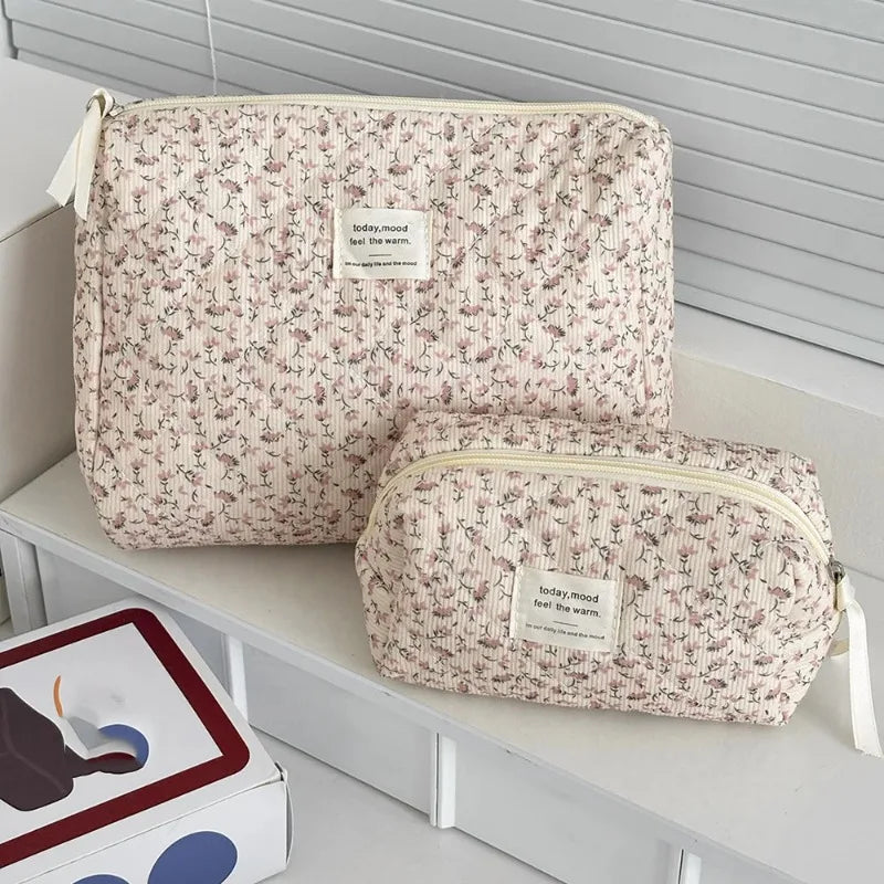 The Gatherer Pouch — Vintage Floral Cotton Cosmetic Bag in Pink & Yellow
