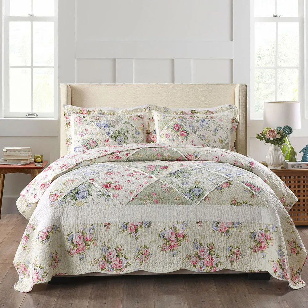 Vintage Inspired Garden Quilt Set — Washed Cotton Bedding in Queen Size (3pcs or 4pcs)