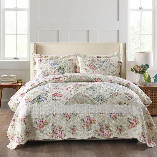 Vintage Inspired Garden Quilt Set — Washed Cotton Bedding in Queen Size (3pcs or 4pcs)
