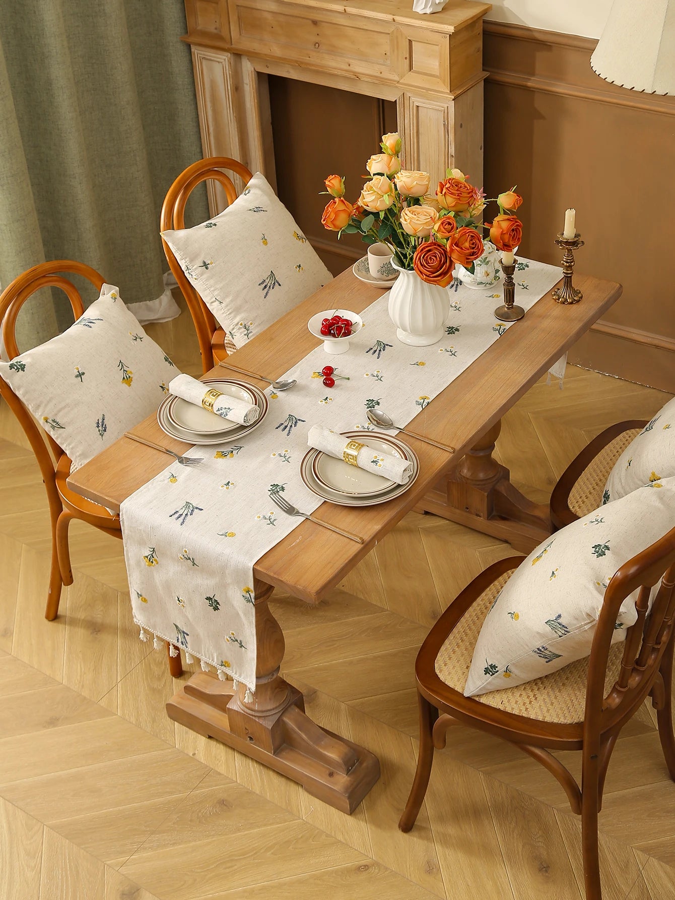 Linen Wheat Fringe Embroidery Table Runner Rustic Style Dining Table