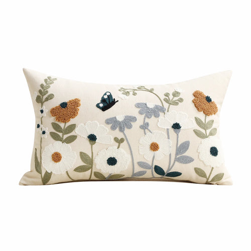 Heirloom Embroidered Throw Pillow Cover — 12x20" Lumbar in 3 Botanical Colors