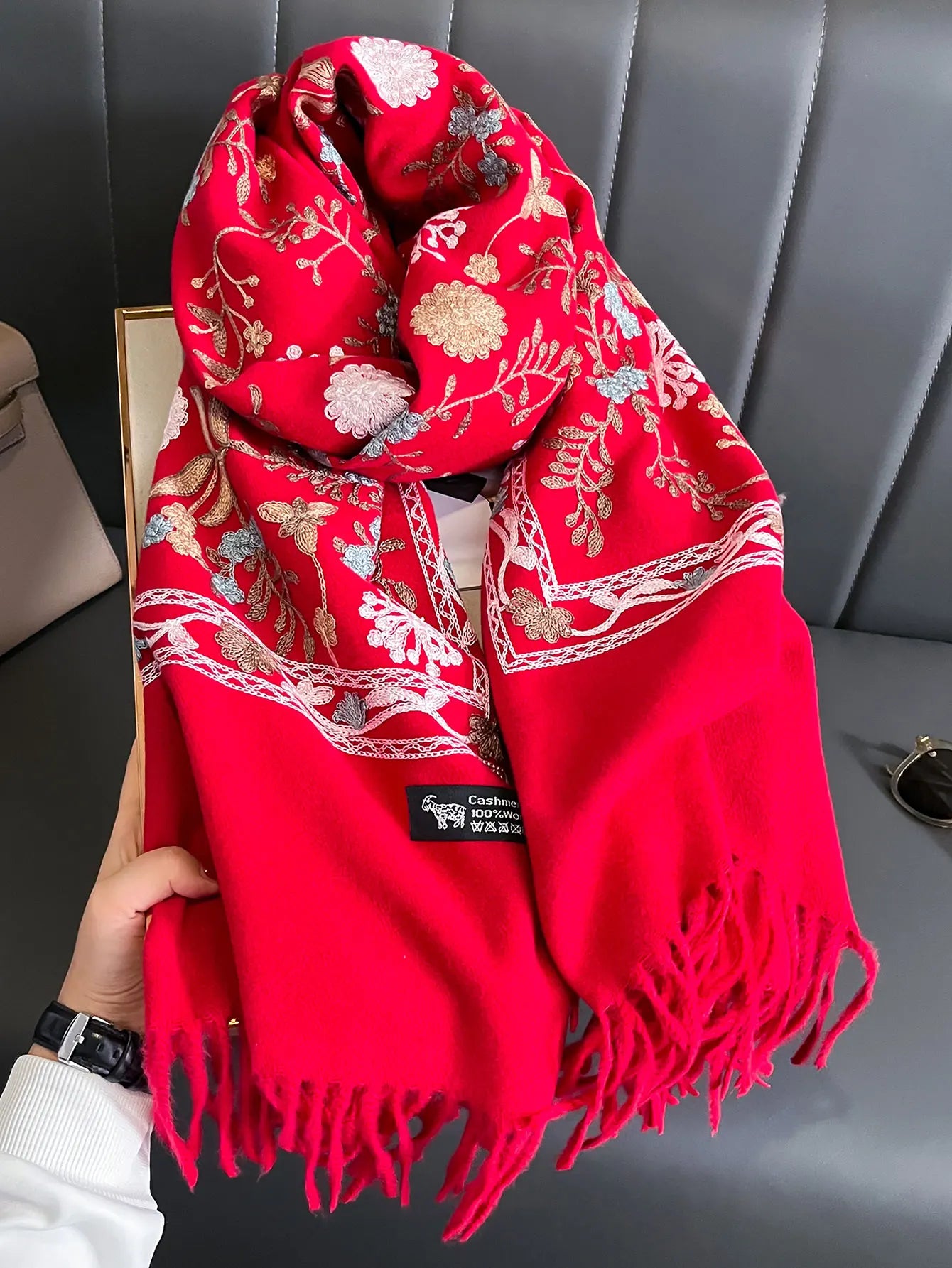 Meadow Bloom Embroidered Cashmere Scarf — Warm Pashmina Wrap for Women