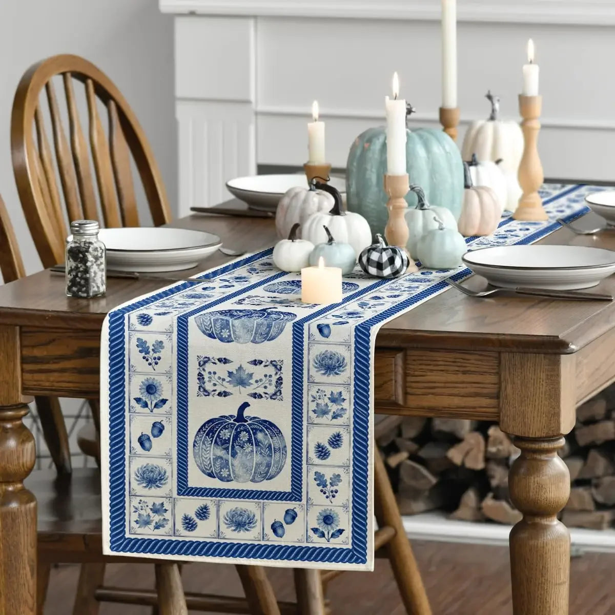 Blue & White Pumpkin Table Runner — Vintage Chinoiserie Style in 3 Sizes