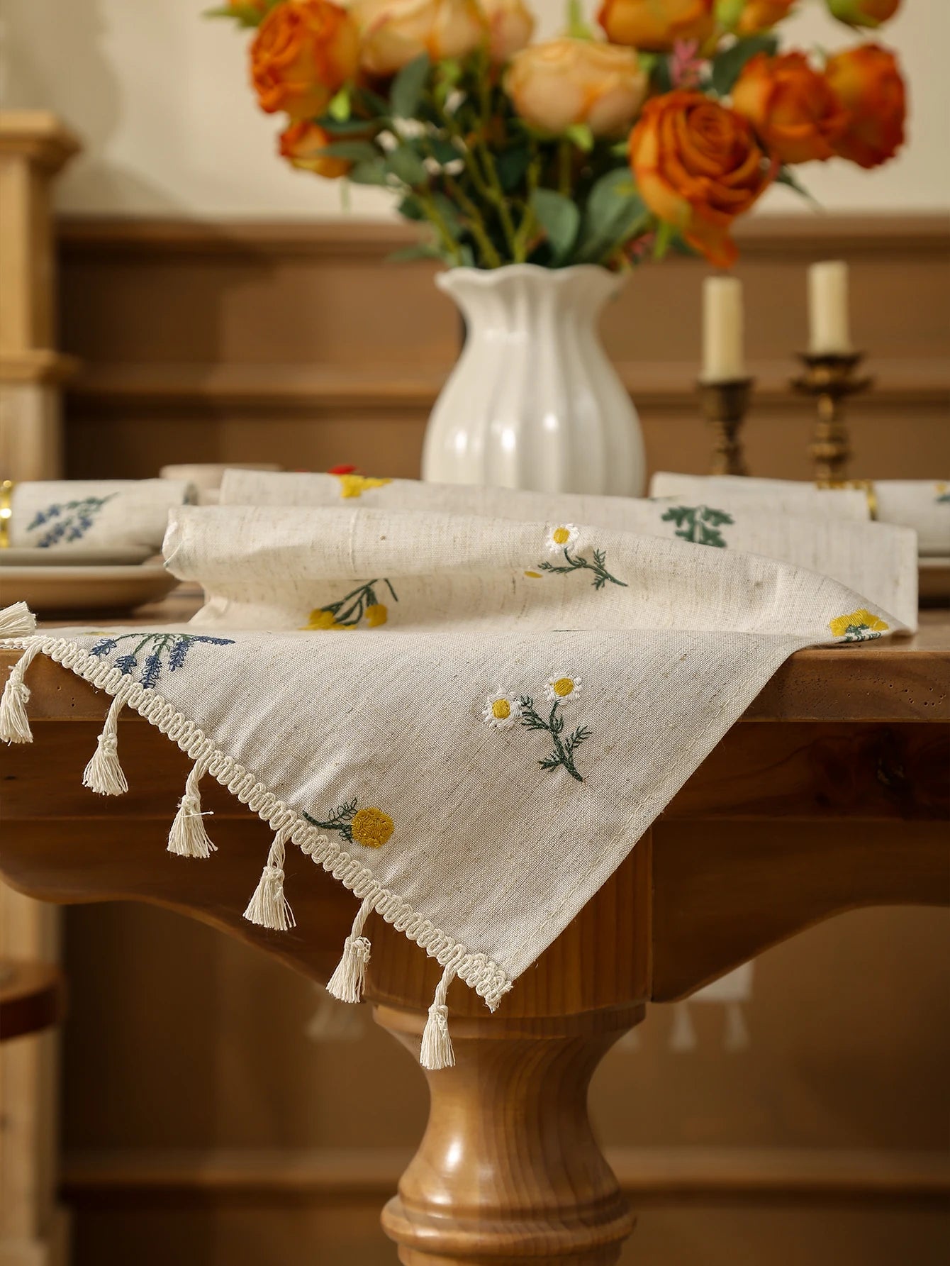 Linen Wheat Fringe Embroidery Table Runner Rustic Style Dining Table