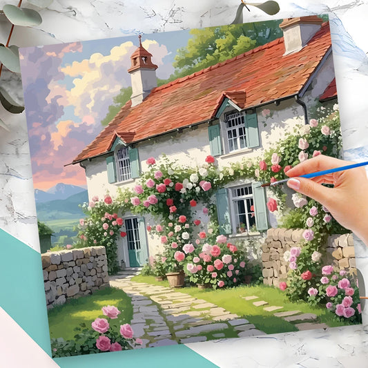 English Cottage House Paint by Number Kit — Landscape DIY Painting with or without Frame