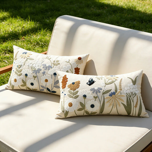 Heirloom Embroidered Throw Pillow Cover — 12x20" Lumbar in 3 Botanical Colors