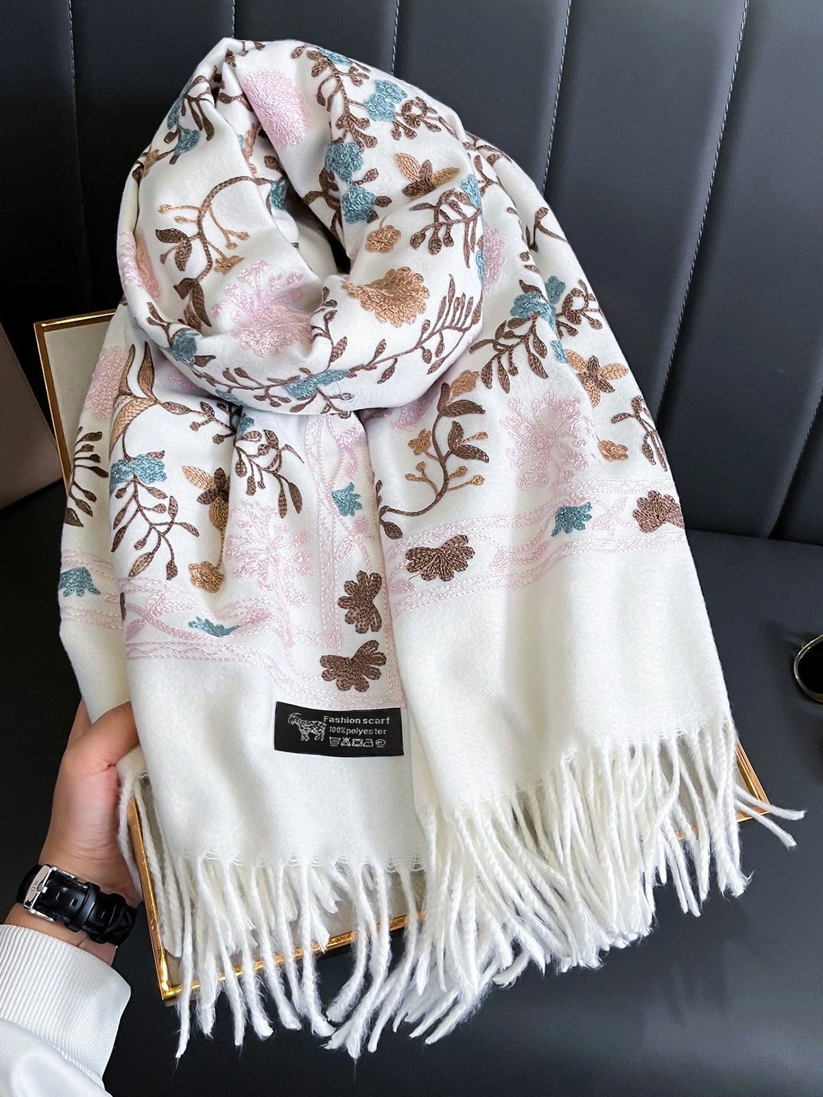 Meadow Bloom Embroidered Cashmere Scarf — Warm Pashmina Wrap for Women