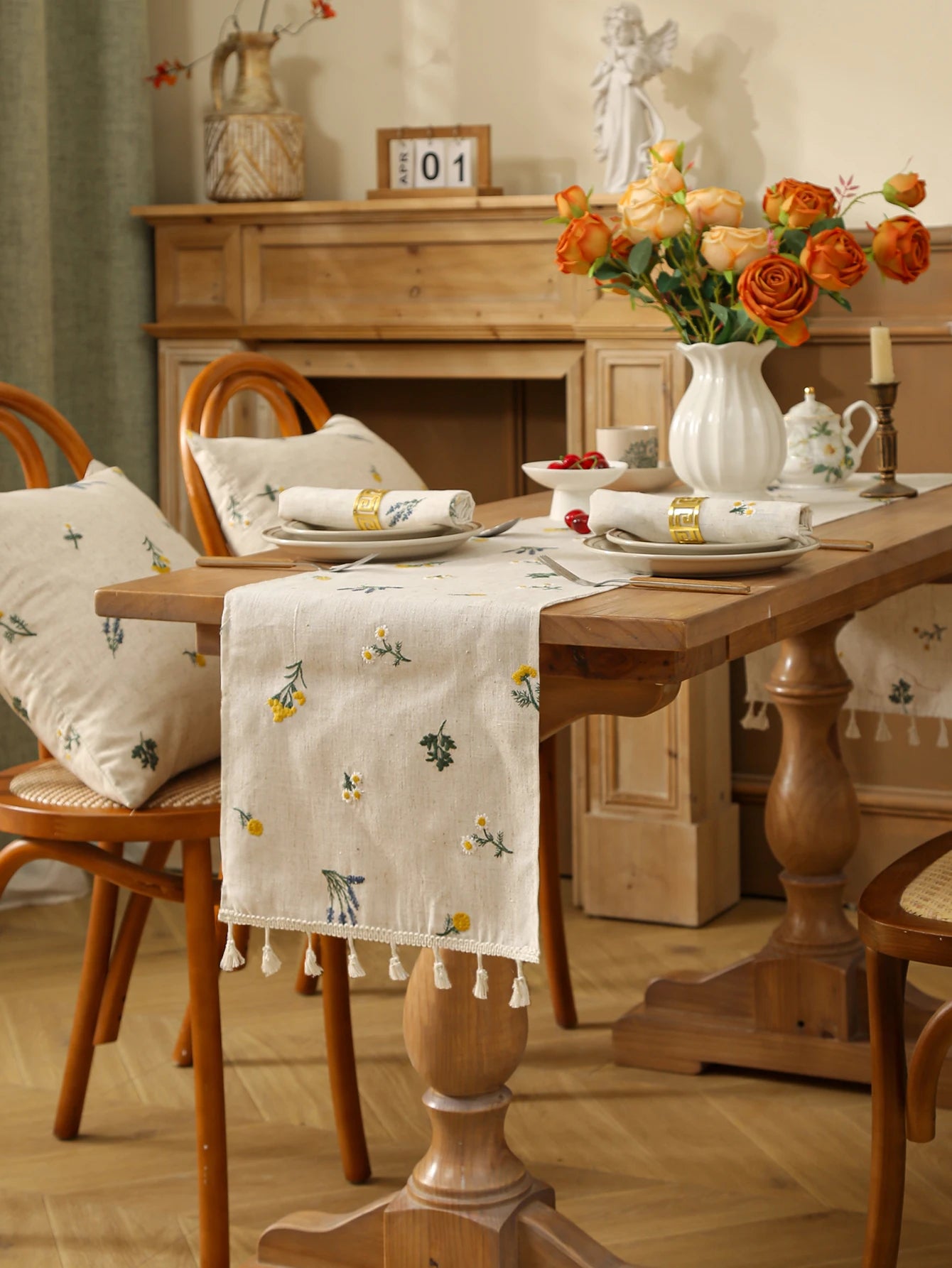Linen Wheat Fringe Embroidery Table Runner Rustic Style Dining Table