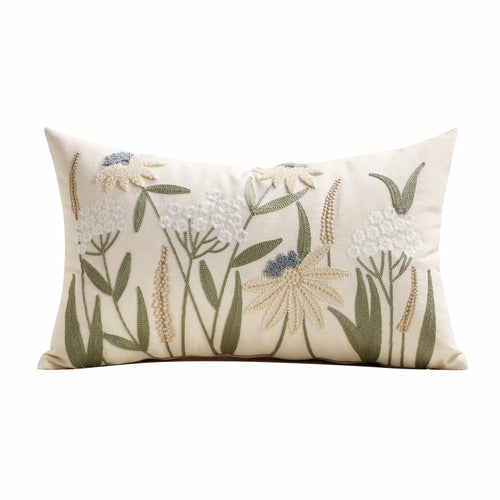 Heirloom Embroidered Throw Pillow Cover — 12x20" Lumbar in 3 Botanical Colors