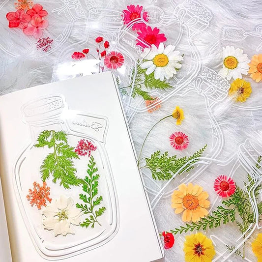 Meadow Memories DIY Pressed Flower Bookmark Templates — 20pc Transparent Bottle & Jar Shapes