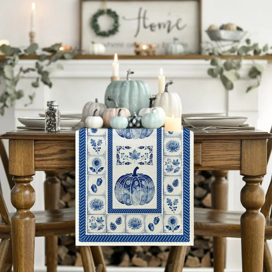 Blue & White Pumpkin Table Runner — Vintage Chinoiserie Style in 3 Sizes