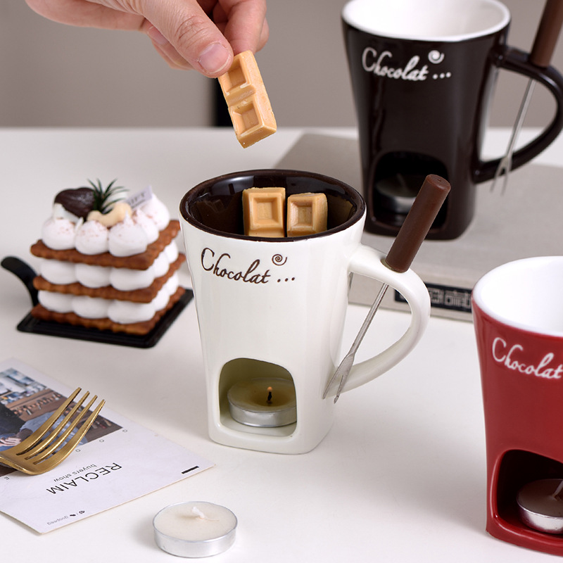 The Little Cottage Chocolate Set — Personal Ceramic Fondue Mug with Warmer & Fork