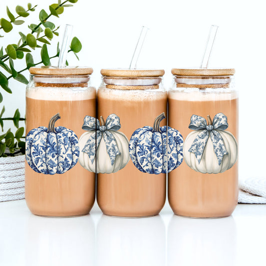 Fall Brew Glass — Chinoiserie Pumpkin 20oz Coffee Glass with Bamboo Lid