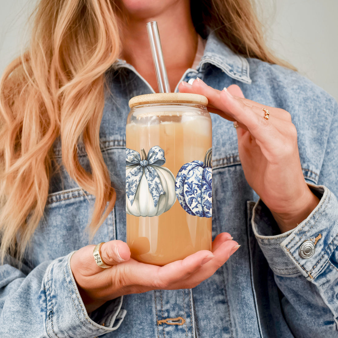 Fall Brew Glass — Chinoiserie Pumpkin 20oz Coffee Glass with Bamboo Lid